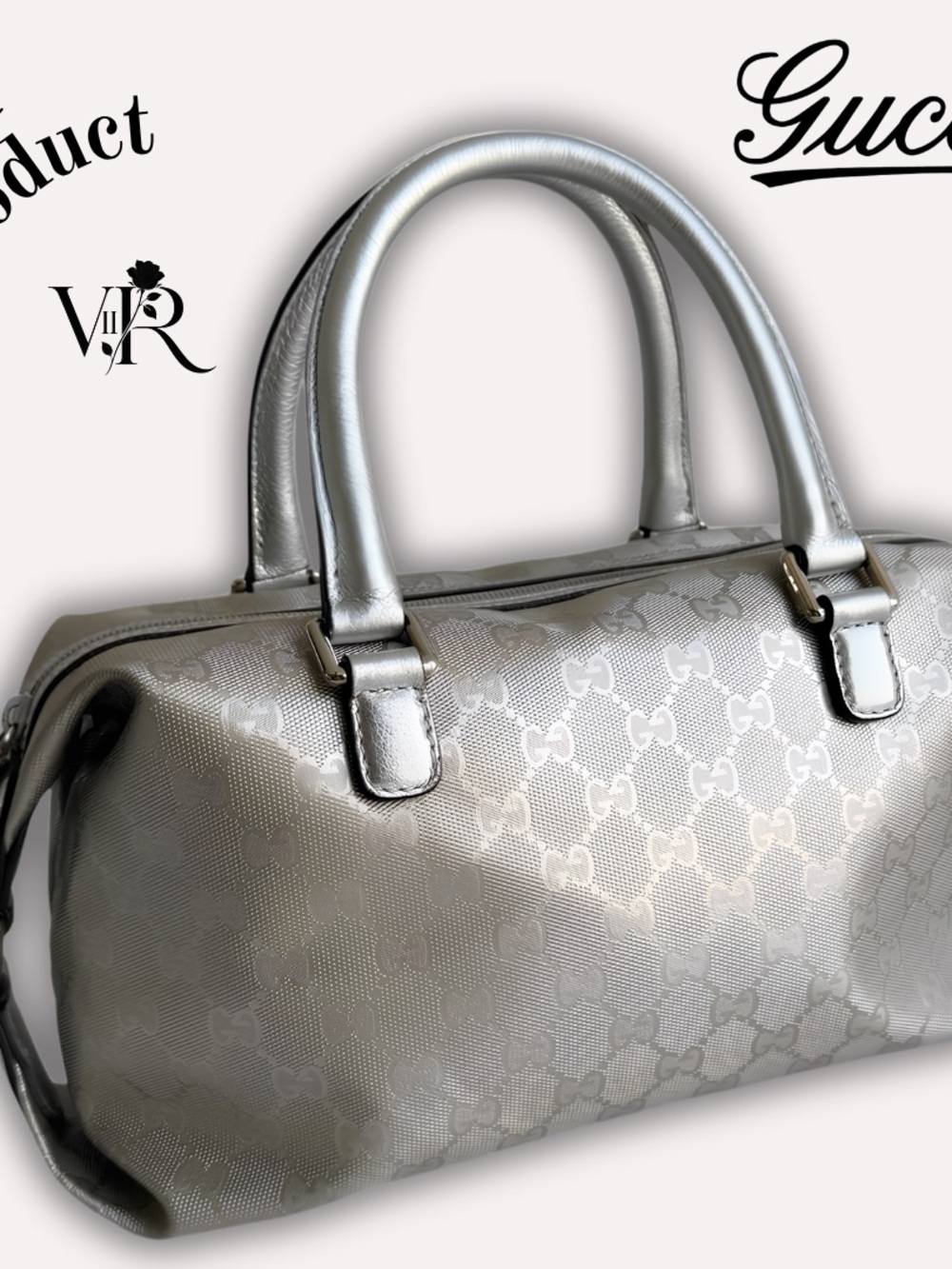 Gucci Metallic Silver GG Imprime Vintage Boston Handbag w/Auth Certificate